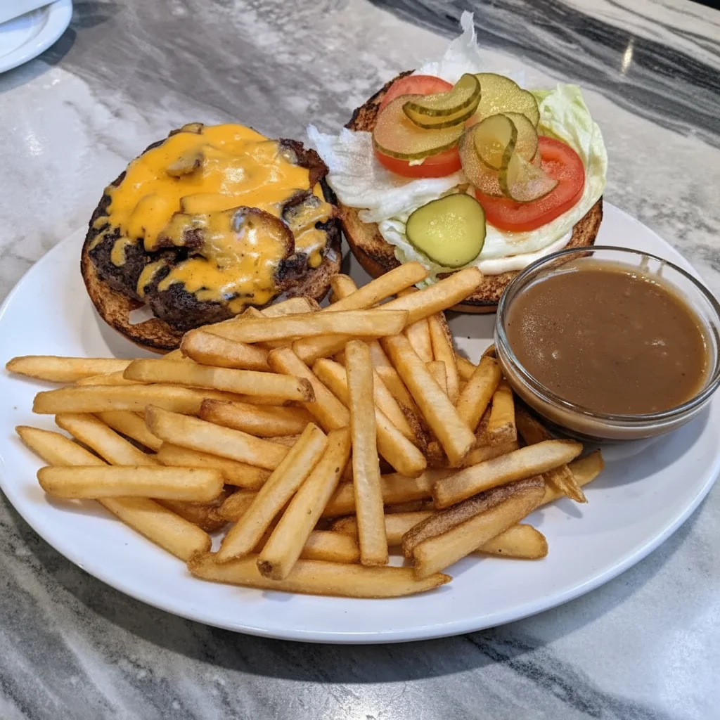 Cheddar Bacon Burger at Pappa's Family Restaurant & Lounge Edmonton - Juicy burger with cheddar and crispy bacon