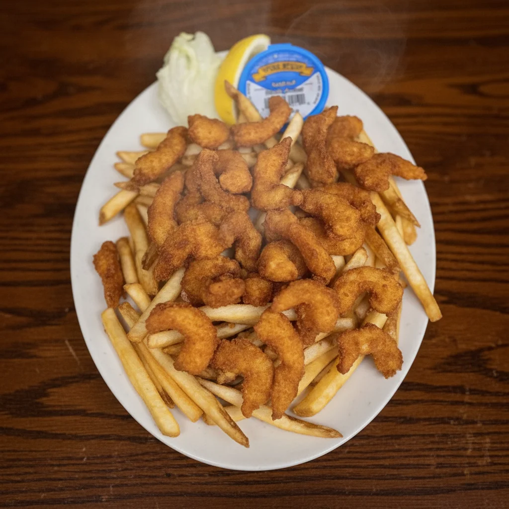Shrimp in a Basket at Pappa's Family Restaurant & Lounge Edmonton - Golden fried shrimp with fries